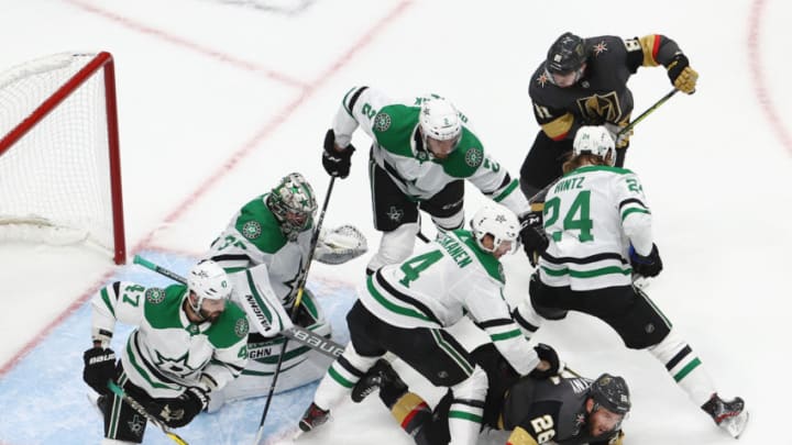 The Dallas Stars defend the net against the Vegas Golden Knights in Game Two of the Western Conference Final. (Photo by Bruce Bennett/Getty Images)