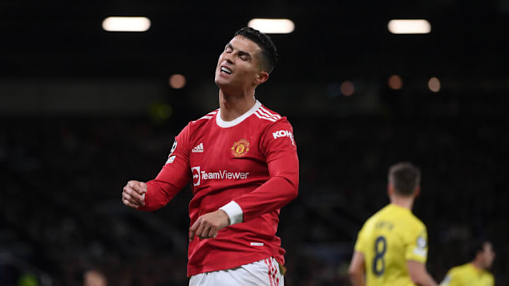 MANCHESTER, ENGLAND - SEPTEMBER 29: Cristiano Ronaldo of Manchester United reacts after a missed chance during the UEFA Champions League group F match between Manchester United and Villarreal CF at Old Trafford on September 29, 2021 in Manchester, England. (Photo by Laurence Griffiths/Getty Images)