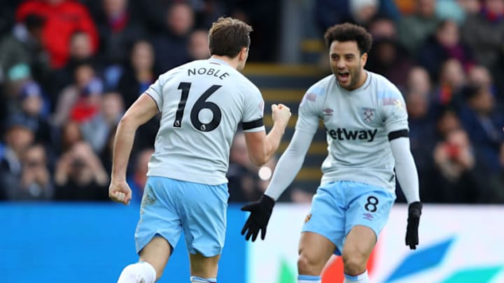LONDON, ENGLAND - FEBRUARY 09: Mark Noble of West Ham United (L) celebrates with teammate Felipe Anderson after scoring his team's first goal during the Premier League match between Crystal Palace and West Ham United at Selhurst Park on February 9, 2019 in London, United Kingdom. (Photo by Warren Little/Getty Images)
