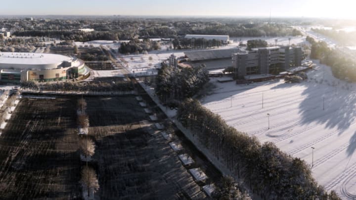 RALEIGH, NC - JANUARY 18: (EDITORS NOTE: Image is a digital panoramic composite.) An aerial view of PNC Arena (L), Carter-Finley Stadium (R) and the surrounding area following a snow storm on January 18, 2018 in Raleigh, North Carolina. (Photo by Lance King/Getty Images)