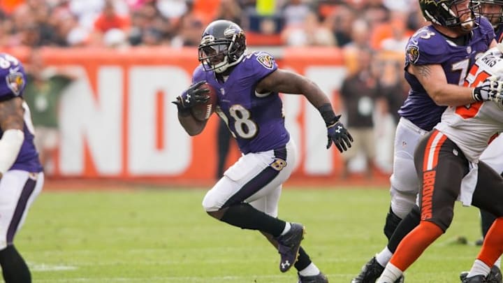 Sep 18, 2016; Cleveland, OH, USA; Baltimore Ravens running back Terrance West (28) during the second half against the Cleveland Browns at FirstEnergy Stadium. The Ravens defeated the Browns 25-20. Mandatory Credit: Scott R. Galvin-USA TODAY Sports