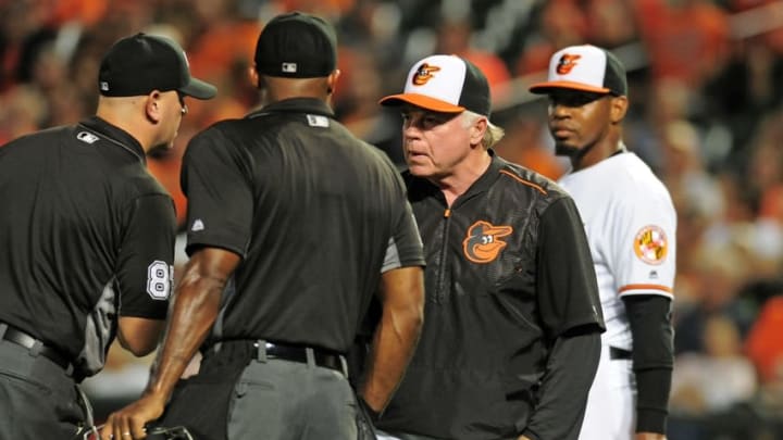 Aug 31, 2016; Baltimore, MD, USA; Baltimore Orioles manager Buck Showalter (26) talks to the umpires in the seventh inning against the Toronto Blue Jays at Oriole Park at Camden Yards. Mandatory Credit: Evan Habeeb-USA TODAY Sports