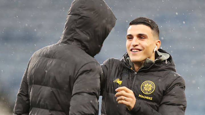 GLASGOW, SCOTLAND - DECEMBER 08: Mohamed Elyounoussi of Celtic looks on prior to the Betfred Cup Final between Rangers FC and Celtic FC at Hampden Park on December 08, 2019 in Glasgow, Scotland. (Photo by Ian MacNicol/Getty Images)