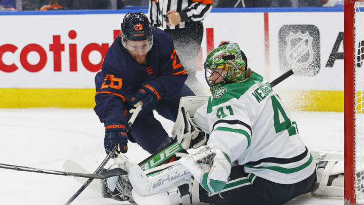 Nov 2, 2023; Edmonton, Alberta, CAN; Dallas Stars goaltender Scott Wedgewood (41) makes a save on Edmonton Oilers forward Connor Brown (28) during the first period at Rogers Place. Mandatory Credit: Perry Nelson-USA TODAY Sports