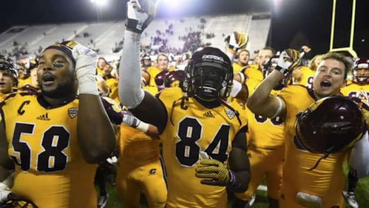 Oct 11, 2014; DeKalb, IL, USA; Central Michigan Chippewas wide receiver Titus Davis (84) reacts after the game at Huskie Stadium. Central Michigan Chippewas defeat the Northern Illinois Huskies 34-17. Mandatory Credit: Mike DiNovo-USA TODAY Sports