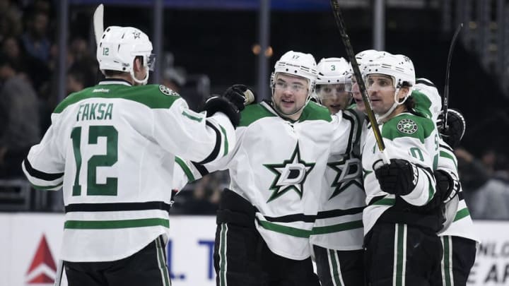 Jan 9, 2017; Los Angeles, CA, USA; The Dallas Stars celebrate an open net goal by left wing Patrick Sharp (10) during the third period against the Los Angeles Kings at Staples Center. The Dallas Stars won 6-4. Mandatory Credit: Kelvin Kuo-USA TODAY Sports