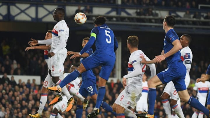 LIVERPOOL, ENGLAND - OCTOBER 19: Ashley Williams of Everton (5) scores their first goal during the UEFA Europa League Group E match between Everton FC and Olympique Lyon at Goodison Park on October 19, 2017 in Liverpool, United Kingdom. (Photo by Ross Kinnaird/Getty Images)