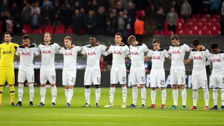 The Tottenham Hotspur players observe a minutes silence for the victims of the plane crash involving the Brazilian club Chapecoense prior to kick off during UEFA Champions League - Group E match between Tottenham Hotspur and CSKA Moscow at Wembley stadium 07 Dec 2016 (Photo by Kieran Galvin/NurPhoto via Getty Images)