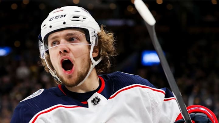 BOSTON, MA - APRIL 27: Artemi Panarin #9 of the Columbus Blue Jackets reacts after scoring in the second period in Game Two of the Eastern Conference Second Round against the Boston Bruins during the 2019 NHL Stanley Cup Playoffs at TD Garden on April 27, 2019 in Boston, Massachusetts. (Photo by Adam Glanzman/Getty Images)