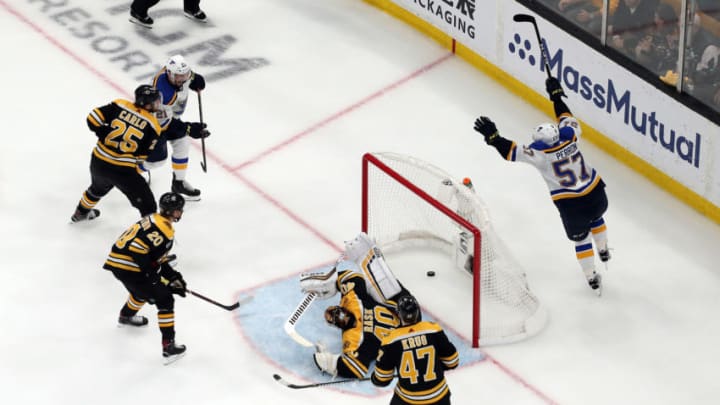 BOSTON, MASSACHUSETTS - JUNE 06: David Perron #57 of the St. Louis Blues scores a third period goal past Tuukka Rask #40 of the Boston Bruins in Game Five of the 2019 NHL Stanley Cup Final at TD Garden on June 06, 2019 in Boston, Massachusetts. (Photo by Patrick Smith/Getty Images)