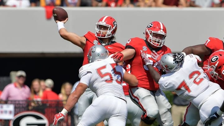 Sep 10, 2016; Athens, GA, USA; Georgia Bulldogs quarterback Jacob Eason (10) passes against the Nicholls State Colonels during the first quarter at Sanford Stadium. Mandatory Credit: Dale Zanine-USA TODAY Sports