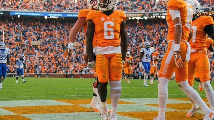 Nov 12, 2016; Knoxville, TN, USA; Tennessee Volunteers running back Alvin Kamara (6) reacts after scoring a touchdown against the Kentucky Wildcats during the fourth quarter at Neyland Stadium. Tennessee won 49 to 36. Mandatory Credit: Randy Sartin-USA TODAY Sports