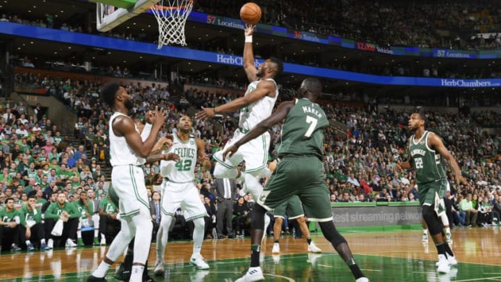 BOSTON, MA - APRIL 28: Semi Ojeleye #37 of the Boston Celtics goes to the basket against the Milwaukee Bucks in Game Seven of Round One of the 2018 NBA. Playoffs on April 28, 2018 at the TD Garden in Boston, Massachusetts. NOTE TO USER: User expressly acknowledges and agrees that, by downloading and or using this photograph, User is consenting to the terms and conditions of the Getty Images License Agreement. Mandatory Copyright Notice: Copyright 2018 NBAE (Photo by Brian Babineau/NBAE via Getty Images)