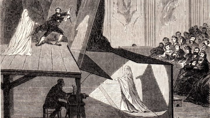 The 'Pepper's Ghost' effect used a large pane of glass to project an image of an actor hidden below the audience's line of sight.