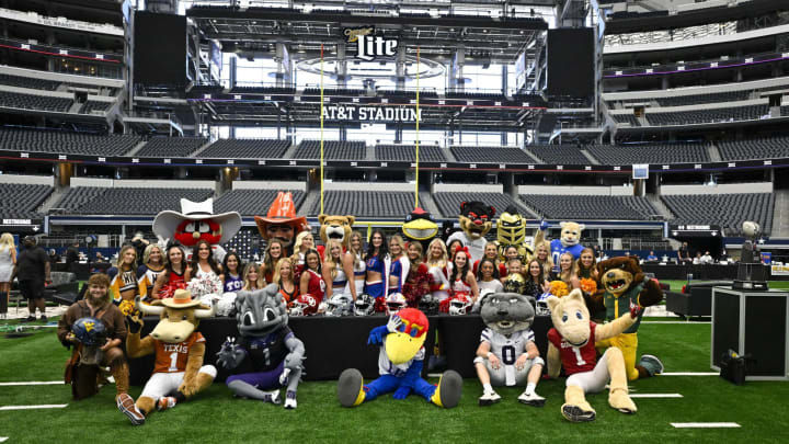 Jul 12, 2023; Arlington, TX, USA; The Big 12 mascots and cheerleaders pose for a group photo during Big 12 football media day at AT&T Stadium. Mandatory Credit: Jerome Miron-USA TODAY Sports