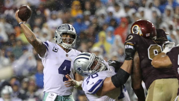 LANDOVER, MD - OCTOBER 29: Quarterback Dak Prescott #4 of the Dallas Cowboys drops back to pass against the Washington Redskins during the fourth quarter at FedEx Field on October 29, 2017 in Landover, Maryland. (Photo by Patrick Smith/Getty Images)