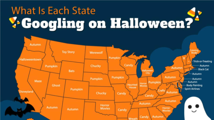 A map of common Halloween Google search terms according to state.