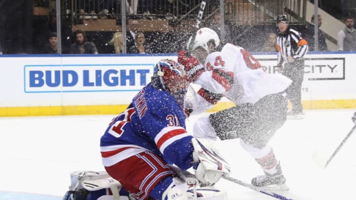 NEW YORK, NEW YORK - SEPTEMBER 18: Igor Shesterkin #31 of the New York Rangers makes the third period save on Miles Wood #44 of the New Jersey Devils at Madison Square Garden on September 18, 2019 in New York City. The Devils defeated the Rangers 4-3. (Photo by Bruce Bennett/Getty Images)