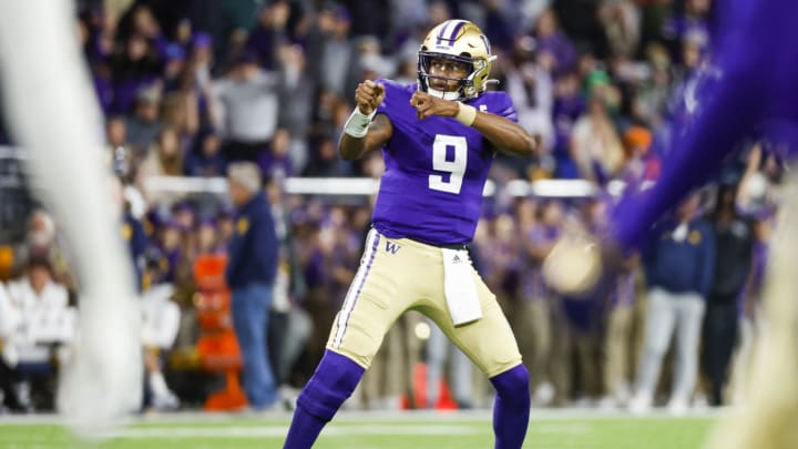 Sep 23, 2023; Seattle, Washington, USA; Washington Huskies quarterback Michael Penix Jr. (9) celebrates after throwing a touchdown pass against the California Golden Bears during the second quarter at Alaska Airlines Field at Husky Stadium. Mandatory Credit: Joe Nicholson-USA TODAY Sports