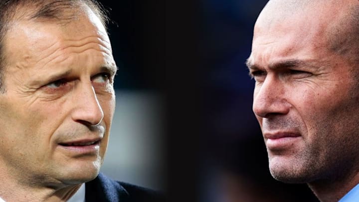 FILE PHOTO (EDITORS NOTE: GRADIENT ADDED - COMPOSITE OF TWO IMAGES - Image numbers (L) 674881574 and 930048502) In this composite image a comparison has been made between Juventus FC Head coach Massimiliano Allegri and Head coach Zinedine Zidane of Real Madrid . Juventus and Real Madrid meet in a UEFA Champions League Quarter Final over 2 legs. ***LEFT IMAGE*** BERGAMO, ITALY - APRIL 28: Juventus FC coach Massimiliano Allegri looks on before the Serie A match between Atalanta BC and Juventus FC at Stadio Atleti Azzurri d'Italia on April 28, 2017 in Bergamo, Italy. (Photo by Emilio Andreoli/Getty Images) ***RIGHT IMAGE*** EIBAR, SPAIN - MARCH 10: Head coach Zinedine Zidane of Real Madrid reacts during the La Liga match between SD Eibar and Real Madrid at Ipurua Municipal Stadium on March 10, 2018 in Eibar, Spain . (Photo by Juan Manuel Serrano Arce/Getty Images)
