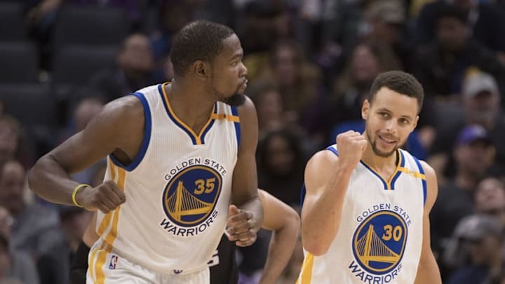 Golden State Warriors forward Kevin Durant (35) and guard Stephen Curry (30) are in today's FanDuel daily picks. Mandatory Credit: Kyle Terada-USA TODAY Sports