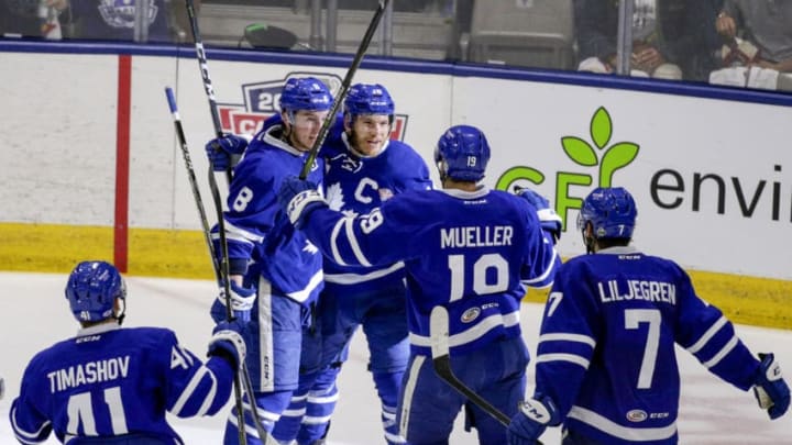 TORONTO, ON - JUNE 2 - Ben Smith of the Marlies (#18-3rd from left) celebrates his goal with his line mates during the 2nd period of the Calder Cup Finals game 1 as the Toronto Marlies host the Texas Stars at the Ricoh Coliseum on June 2, 2018. (Carlos Osorio/Toronto Star via Getty Images)