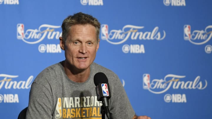 Jun 4, 2017; Oakland, CA, USA; Golden State Warriors head coach Steve Kerr speaks at a press conference before game two of the 2017 NBA Finals against the Cleveland Cavaliers at Oracle Arena. Mandatory Credit: Kyle Terada-USA TODAY Sports