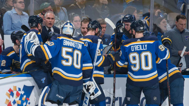 ST. LOUIS, MO - MARCH 12: St. Louis Blues head coach Craig Berube talks during a timeout against the Arizona Coyotes at Enterprise Center on March 12, 2019 in St. Louis, Missouri. (Photo by Scott Rovak/NHLI via Getty Images)