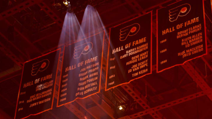 PHILADELPHIA, PENNSYLVANIA - FEBRUARY 24: Hall of Fame banners hang at Wells Fargo Center in a game between the Philadelphia Flyers and the New York Rangers on February 24, 2021 in Philadelphia, Pennsylvania. (Photo by Tim Nwachukwu/Getty Images)