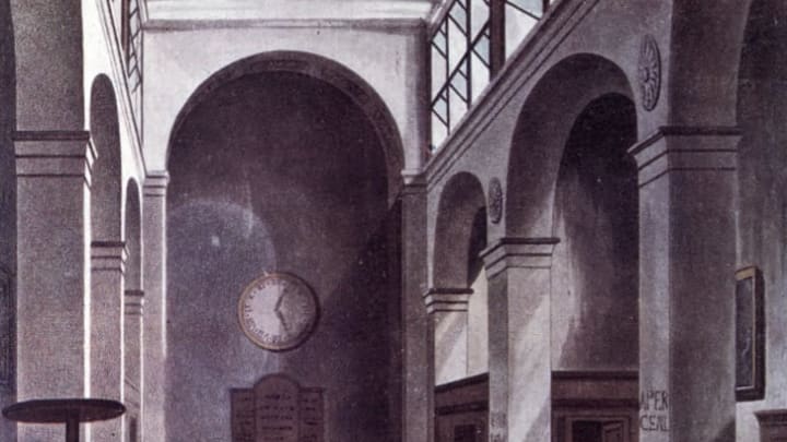 An illustration of the London Stock Exchange in 1810.