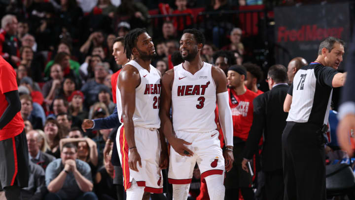PORTLAND, OR – FEBRUARY 5: Justise Winslow #20 and Dwyane Wade #3 of the Miami Heat look on against the Portland Trail Blazers on FEBRUARY 5, 2019 at the Moda Center Arena in Portland, Oregon. NOTE TO USER: User expressly acknowledges and agrees that, by downloading and or using this photograph, user is consenting to the terms and conditions of the Getty Images License Agreement. Mandatory Copyright Notice: Copyright 2019 NBAE (Photo by Sam Forencich/NBAE via Getty Images)