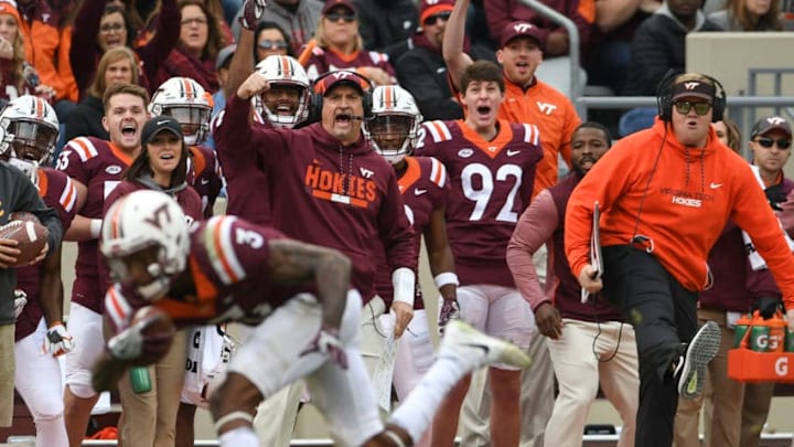 BLACKSBURG, VA - NOVEMBER 18: Defensive coordinator Bud Foster of the Virginia Tech Hokies reacts following an interception by cornerback Greg Stroman