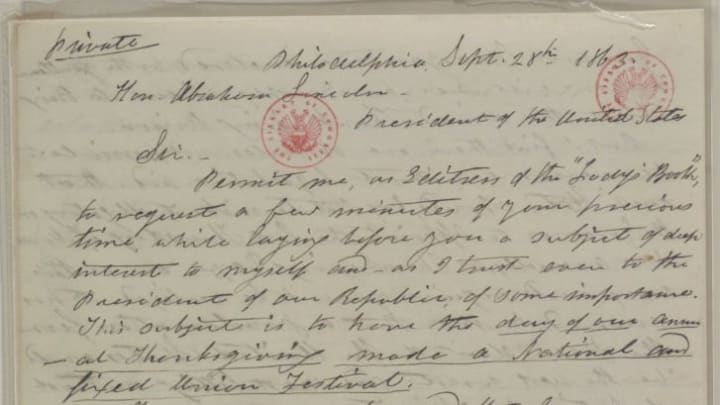Sarah Hale's letter to Abraham Lincoln regarding Thanksgiving, 1863.