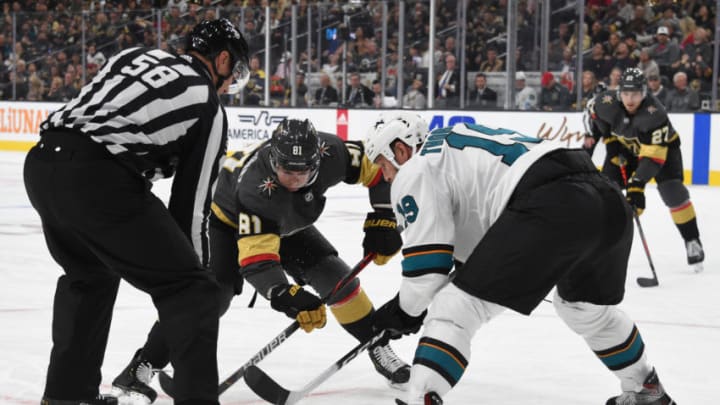 LAS VEGAS, NEVADA - OCTOBER 02: Jonathan Marchessault #81 of the Vegas Golden Knights faces off with Joe Thornton #19 of the San Jose Sharks during the first period at T-Mobile Arena on October 02, 2019 in Las Vegas, Nevada. (Photo by David Becker/NHLI via Getty Images)