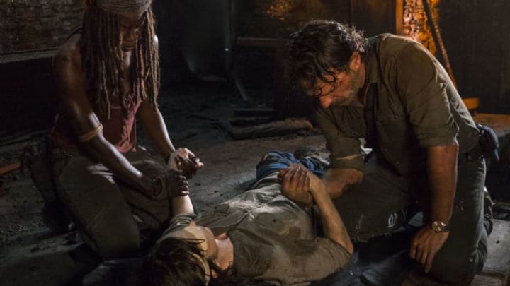 Andrew Lincoln as Rick Grimes, Danai Gurira as Michonne, Chandler Riggs as Carl Grimes - The Walking Dead _ Season 8, Episode 9 - Photo Credit: Gene Page/AMC