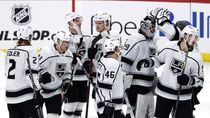 Feb 28, 2023; Winnipeg, Manitoba, CAN; Los Angeles Kings celebrate their shoot out win over the Winnipeg Jets at Canada Life Centre. Mandatory Credit: James Carey Lauder-USA TODAY Sports