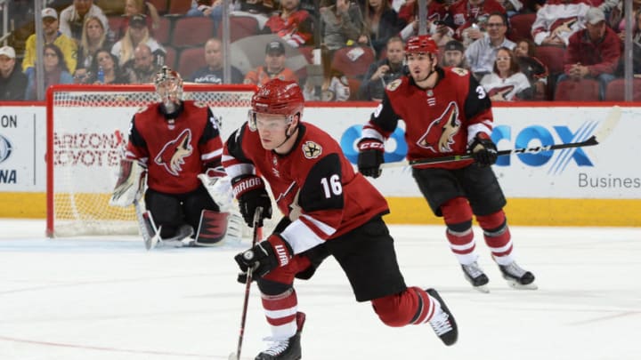 GLENDALE, AZ - APRIL 07: Max Domi #16 of the Arizona Coyotes skates the puck up ice against the Anaheim Ducks at Gila River Arena on April 7, 2018 in Glendale, Arizona. (Photo by Norm Hall/NHLI via Getty Images)