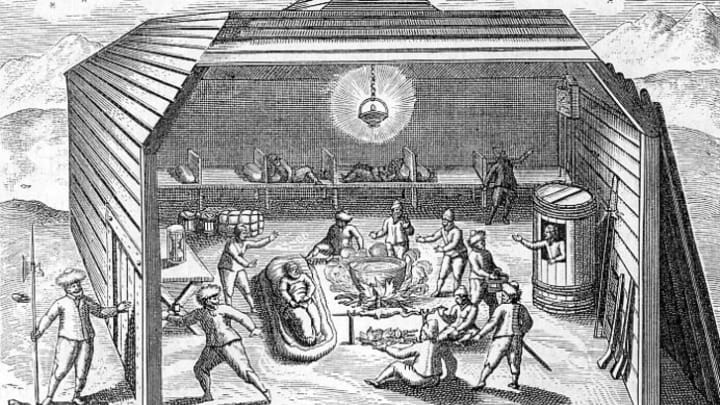 An undated engraving shows the inside of Barents's hut on Novaya Zemlya.