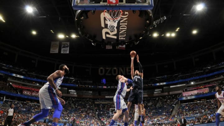 ORLANDO, FL - MARCH 2: Nikola Vucevic #9 of the Orlando Magic shoots the ball against the Detroit Pistons on March 2, 2018 at Amway Center in Orlando, Florida. NOTE TO USER: User expressly acknowledges and agrees that, by downloading and or using this photograph, User is consenting to the terms and conditions of the Getty Images License Agreement. Mandatory Copyright Notice: Copyright 2018 NBAE (Photo by Fernando Medina/NBAE via Getty Images)