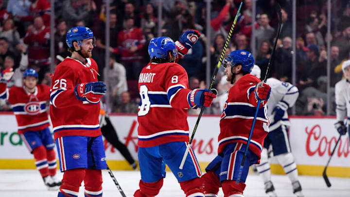 Oct 26, 2019; Montreal, Quebec, CAN; Montreal Canadiens Jonathan Drouin Ben Chiarot and Jeff Petry. Mandatory Credit: Eric Bolte-USA TODAY Sports