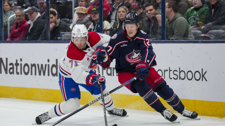 Nov 29, 2023; Columbus, Ohio, USA; Montreal Canadiens center Jake Evans. Mandatory Credit: Aaron Doster-USA TODAY Sports