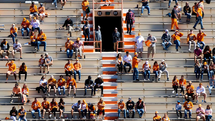 Oct 3, 2020; Knoxville, TN, USA; Fans sit in the stands during a SEC conference football game between the Tennessee Volunteers and the Missouri Tigers held at Neyland Stadium. Mandatory Credit: Brianna Paciorka-USA TODAY NETWORK