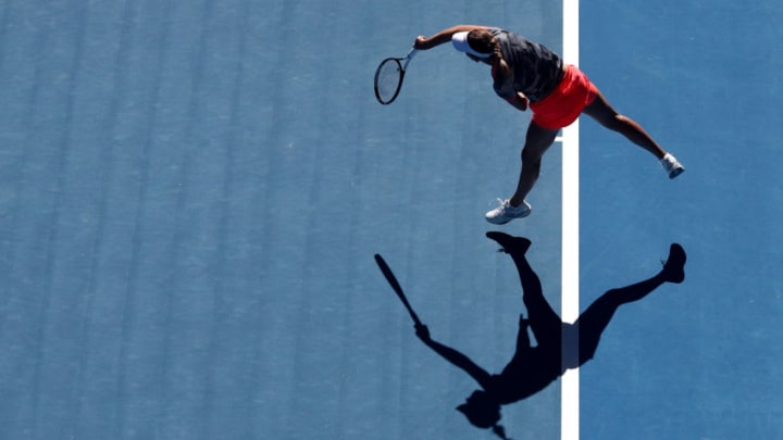 MELBOURNE, AUSTRALIA - JANUARY 19: Elise Mertens of Belgium serves in her third round match against Madison Keys of the United States during day six of the 2019 Australian Open at Melbourne Park on January 19, 2019 in Melbourne, Australia. (Photo by Cameron Spencer/Getty Images)