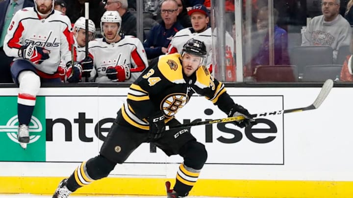 BOSTON, MA - NOVEMBER 16: Boston Bruins left wing Paul Carey (34) looks for a pass during a game between the Boston Bruins and the Washington Capitals on November 16, 2019, at TD Garden in Boston, Massachusetts. (Photo by Fred Kfoury III/Icon Sportswire via Getty Images)