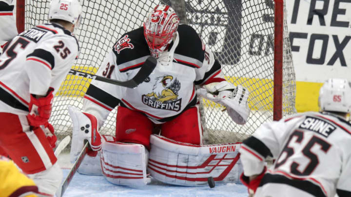 CLEVELAND, OH - FEBRUARY 04: Grand Rapids Griffins goalie Jared Coreau (31) with a pad save during the third period of the American Hockey League game between the Grand Rapids Griffins and Cleveland Monsters on February 4, 2018, at Quicken Loans Arena in Cleveland, OH. Grand Rapids defeated Cleveland 6-3. (Photo by Frank Jansky/Icon Sportswire via Getty Images)
