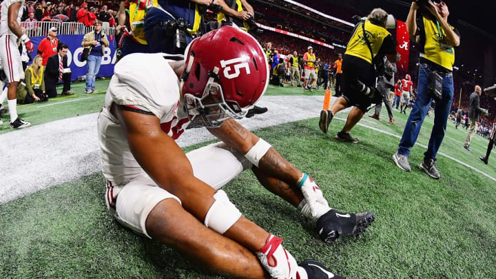 ATLANTA, GA – DECEMBER 01: Xavier McKinney #15 of the Alabama Crimson Tide reacts after defeating the Georgia Bulldogs 35-28 in the 2018 SEC Championship Game at Mercedes-Benz Stadium on December 1, 2018 in Atlanta, Georgia. (Photo by Scott Cunningham/Getty Images)