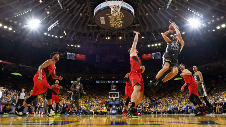 OAKLAND, CA - MAY 16: Klay Thompson #11 of the Golden State Warriors shoots the ball against the Portland Trail Blazers during Game Two of the Western Conference Finals on May 16, 2019 at ORACLE Arena in Oakland, California. NOTE TO USER: User expressly acknowledges and agrees that, by downloading and/or using this photograph, user is consenting to the terms and conditions of Getty Images License Agreement. Mandatory Copyright Notice: Copyright 2019 NBAE (Photo by Andrew D. Bernstein/NBAE via Getty Images)