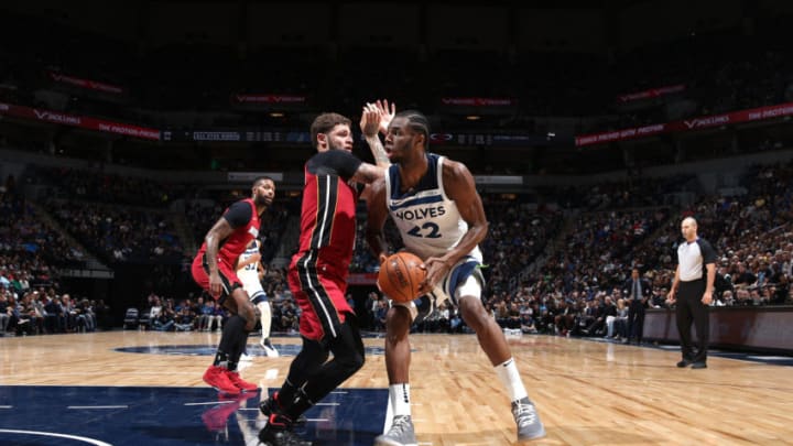 MINNEAPOLIS, MN - NOVEMBER 24: Andrew Wiggins #22 of the Minnesota Timberwolves handles the ball against the Miami Heat on November 24, 2017 at Target Center in Minneapolis, Minnesota. NOTE TO USER: User expressly acknowledges and agrees that, by downloading and or using this Photograph, user is consenting to the terms and conditions of the Getty Images License Agreement. Mandatory Copyright Notice: Copyright 2017 NBAE (Photo by David Sherman/NBAE via Getty Images)