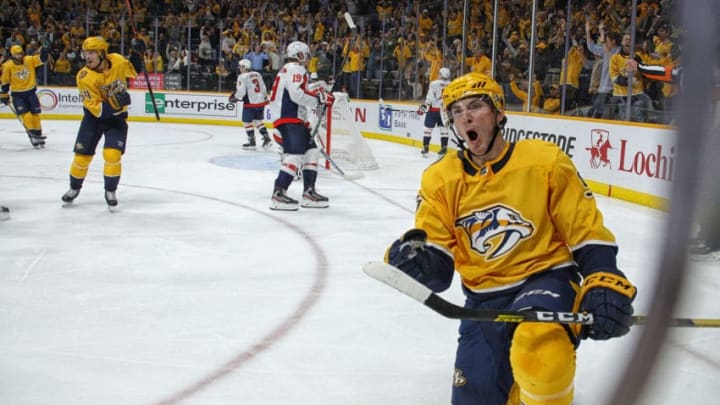 NASHVILLE, TENNESSEE - OCTOBER 10: Matt Duchene #95 of the Nashville Predators celebrates after scoring his first goal as a member of the Nashville Predators against the Washington Capitals during the third period of a 6-5 Predators victory over the Capitals at Bridgestone Arena on October 10, 2019 in Nashville, Tennessee. (Photo by Frederick Breedon/Getty Images)