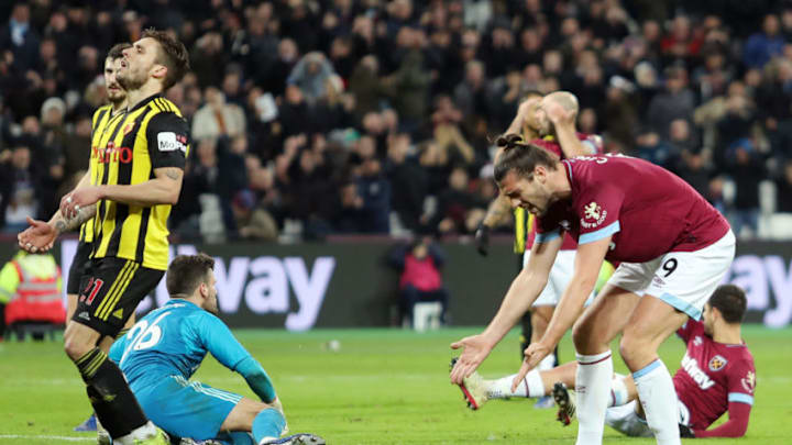LONDON, ENGLAND - DECEMBER 22: Andy Carroll of West Ham United reacts during the Premier League match between West Ham United and Watford FC at London Stadium on December 22, 2018 in London, United Kingdom. (Photo by Christopher Lee/Getty Images)